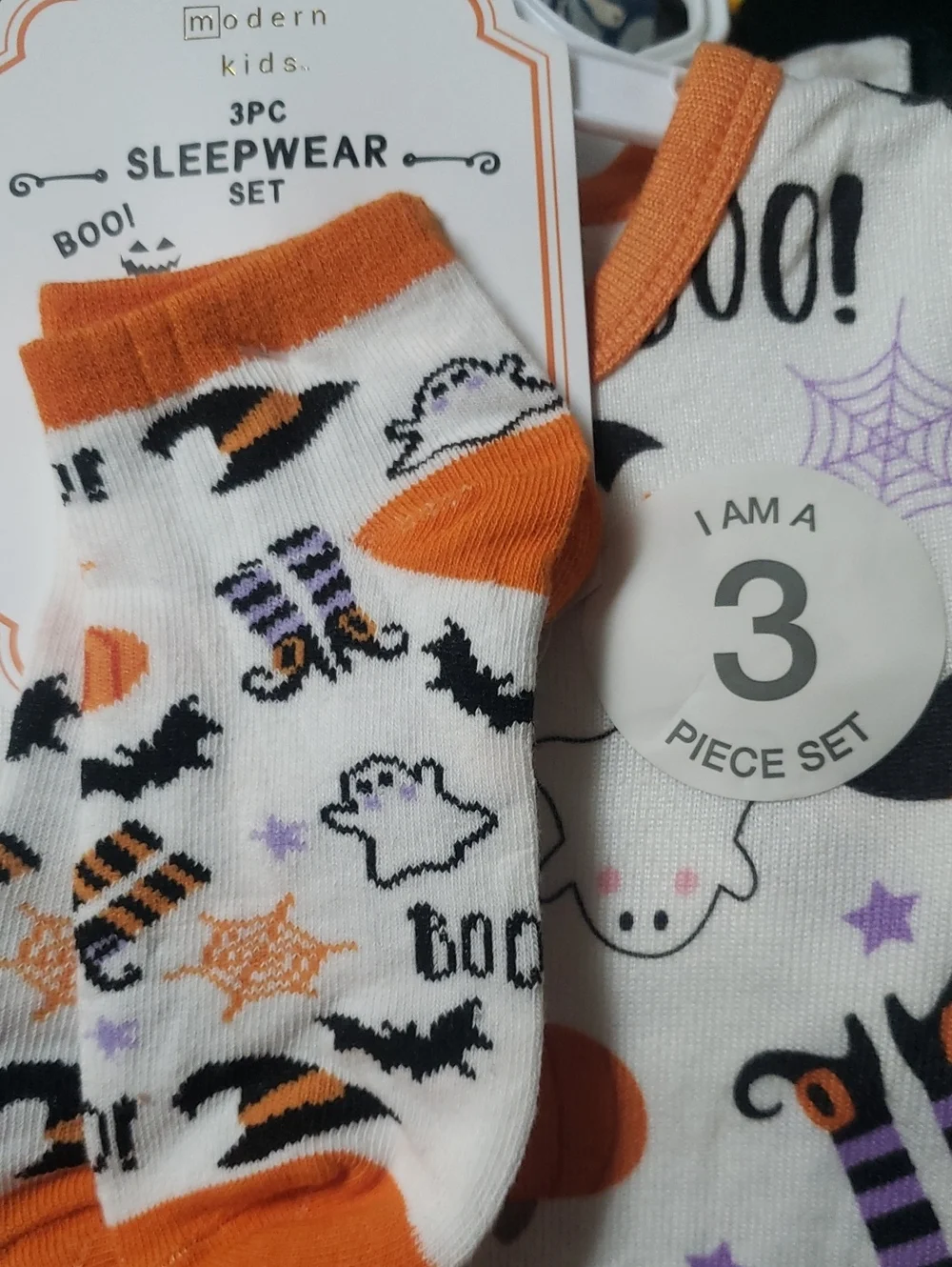 Modern Kids Halloween 3 Piece Sleepwear Ser - Ivory/Orange Ghost Print